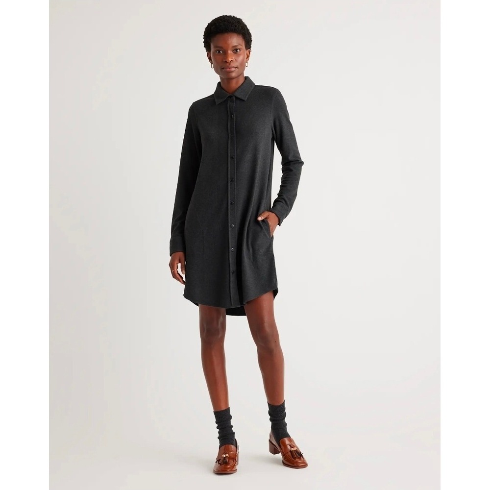 Quince Black Poly Blend Long Sleeve Button Down Knit Shirt Dress Size XS